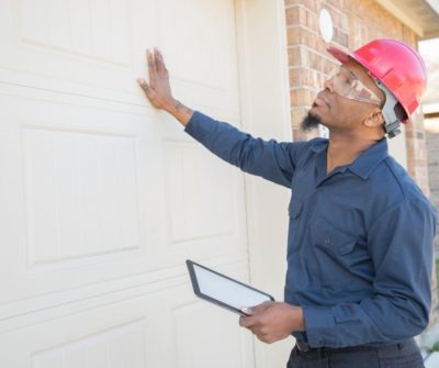 A worker wearing a red hard hat and safety glasses inspects a garage door, holding a clipboard in one hand.