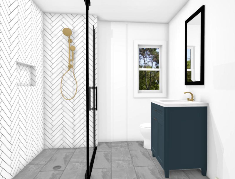 Master Bathroom Remodel: Modern bathroom with herringbone-tiled shower, black-framed glass door, navy vanity with brass fixtures, and a large window.