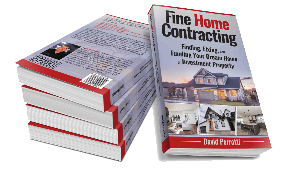 Stack of three books beside an upright book titled "Fine Home Contracting: Finding, Fixing, and Funding Your Dream Home or Investment Property.