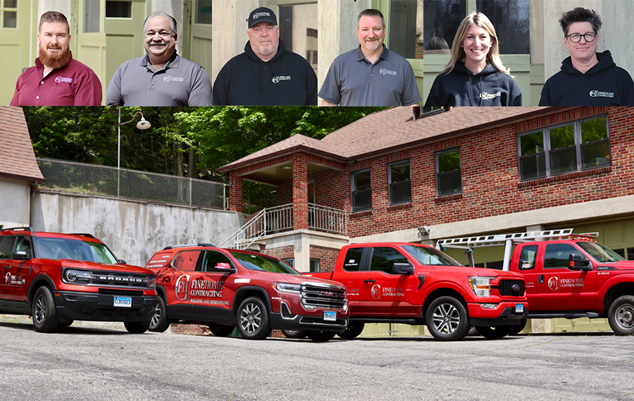 Collage of six people from a construction company and four of the company's red trucks parked outside brick buildings.