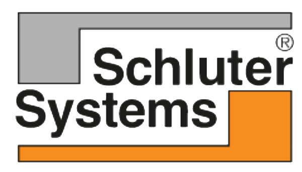 Logo of Schluter Systems with text in black, featuring a gray and orange geometric design around the text.