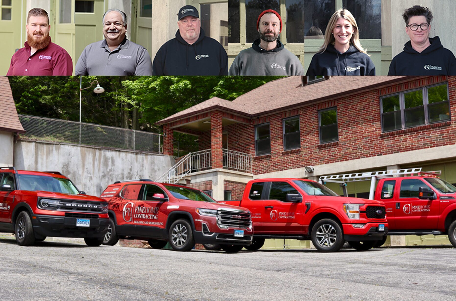 A group of people in uniforms pose above, while three red company trucks are parked in front of a brick building below.