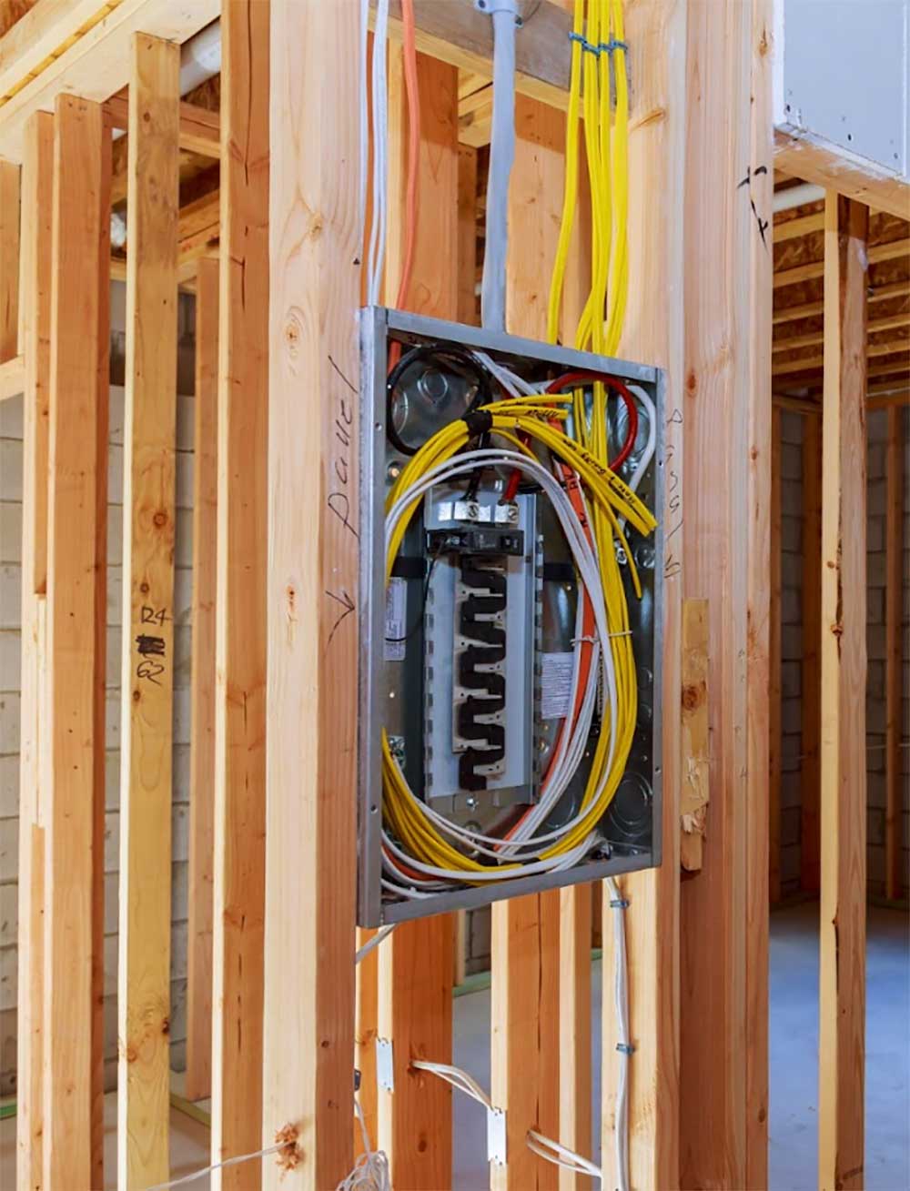 An electrical panel with exposed wiring and cables is installed between wooden studs in an unfinished building.