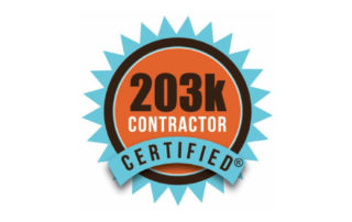 Image of a blue and orange badge displaying "203k Contractor Certified.