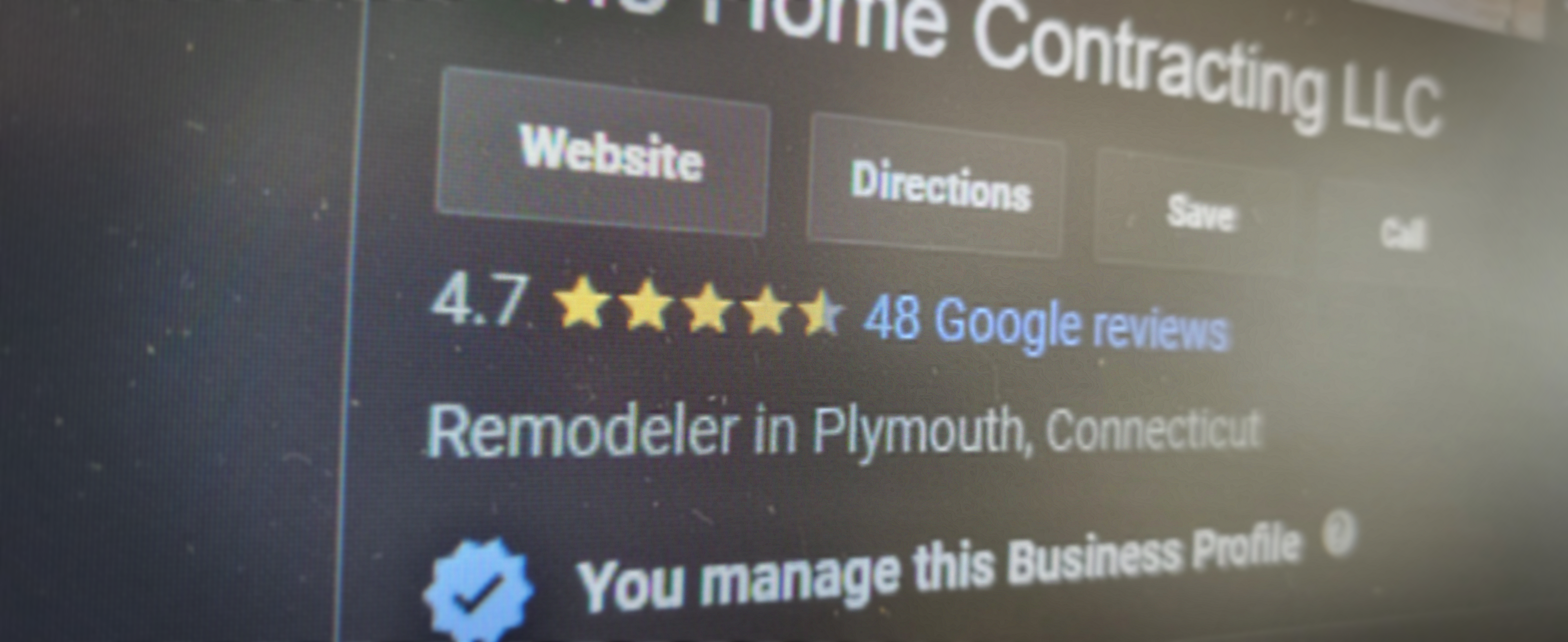 Screenshot of a business profile for a home contracting company, based in Plymouth, Connecticut. It showcases an impressive 4.7-star rating from 48 Google reviews, which can help you identify red flags when hiring a contractor.