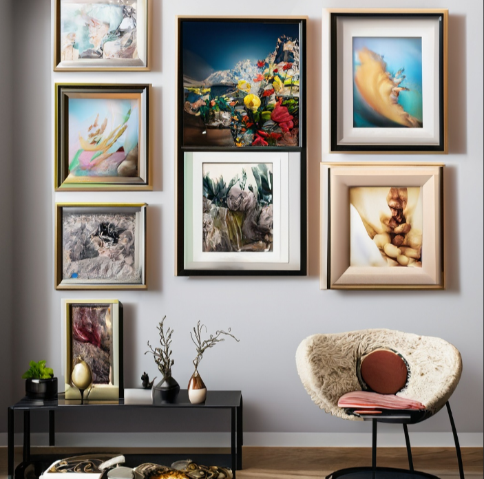 A living room wall decorated with various framed abstract art pieces exudes the elegance of Interior Design Greenwich. A cozy chair and a small table with plants are thoughtfully placed beneath, creating a harmonious and inviting space.