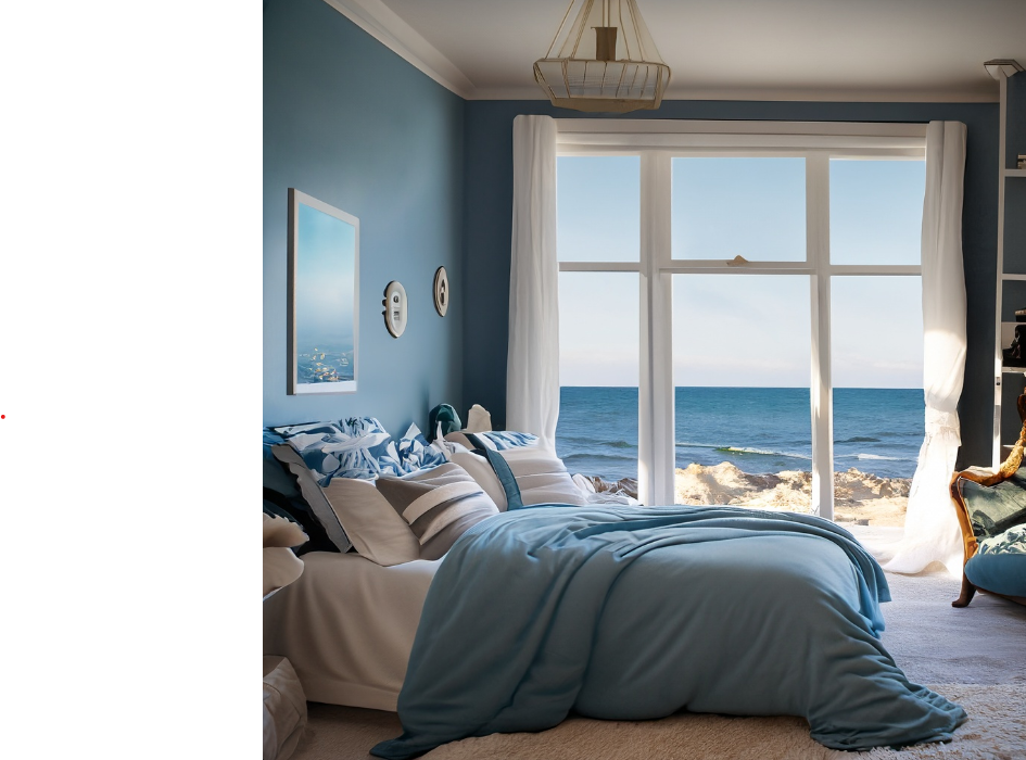 A bedroom with blue walls, a large window showing a beach view, a bed with blue and white bedding, and various decorations embodies the charm of Interior Design Greenwich.