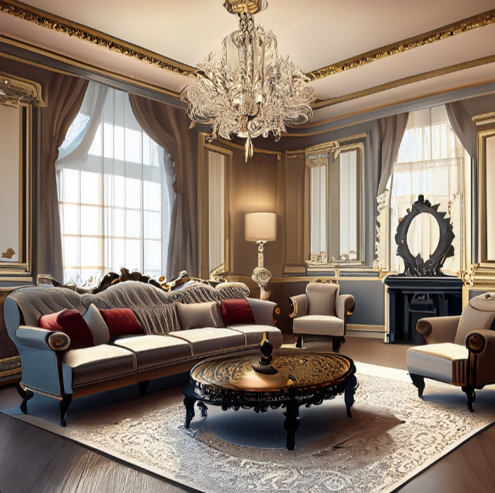 Opulent living room with ornate furniture, chandelier, large windows with drapes, a decorative mirror, and a central coffee table—an exquisite example of Interior Design in Greenwich.