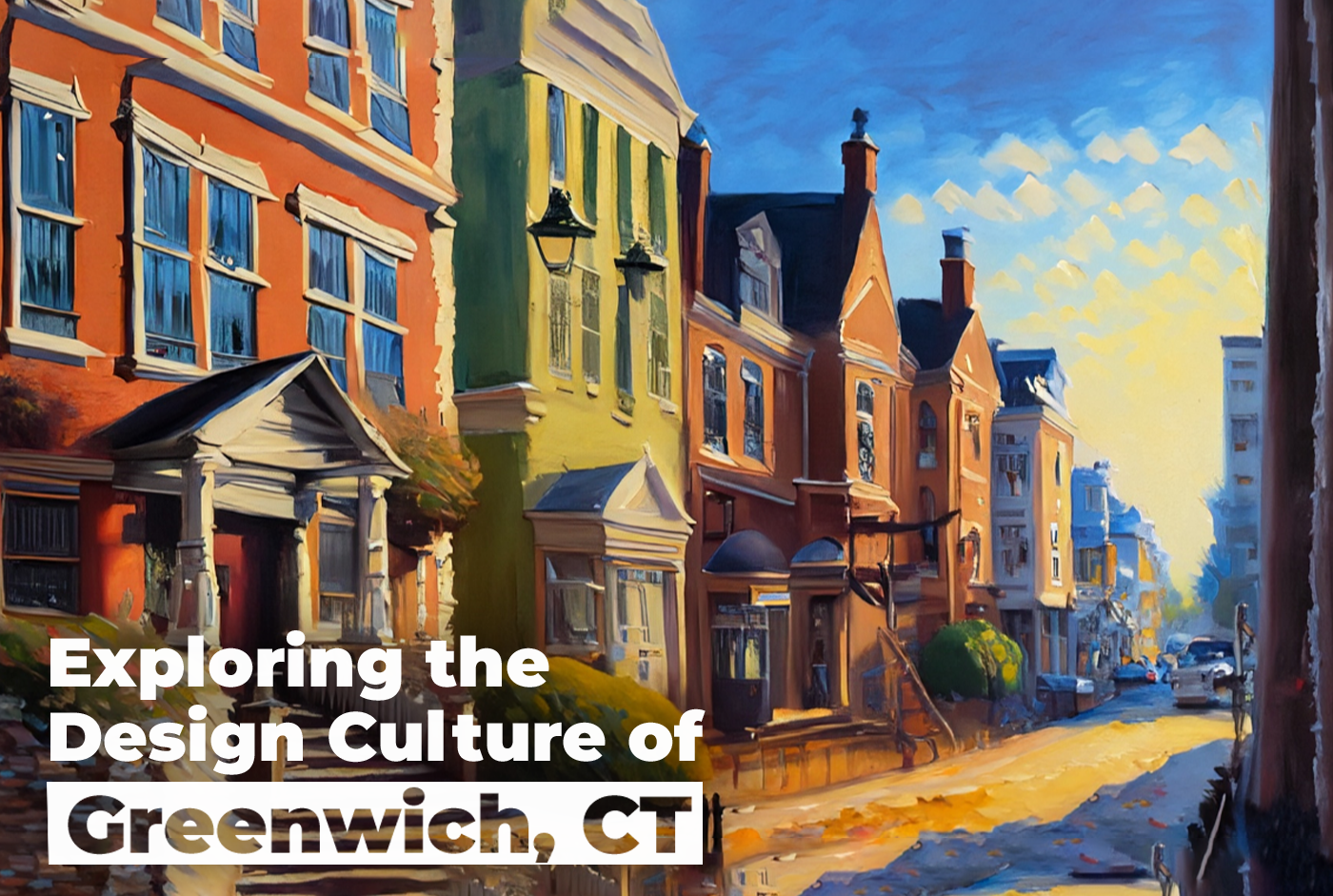 Oil painted image of downtown Greenwich, CT focusing on architectural design