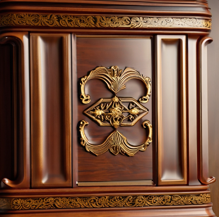 Ornate wooden furniture panel with intricate gold detailing and a symmetrical design, perfect for adding a touch of elegance to your Interior Design Greenwich project.