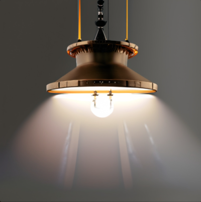 A single ceiling light fixture with a copper-colored shade illuminates, casting light downwards against the neutral gray background of the newly completed bathroom remodel.