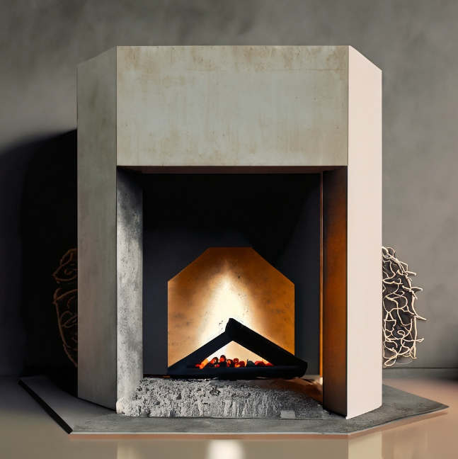 concrete fireplace with modern and brutalist inspirations