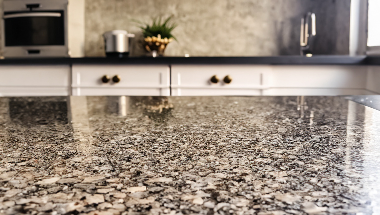 Close-up of a polished granite countertop in a modern kitchen with white cabinets, a built-in oven, and plants in the background.