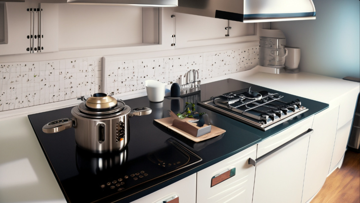 Modern kitchen with a sleek black countertop featuring a gas stove, induction cooktop, pressure cooker, bread, and kitchen appliances.