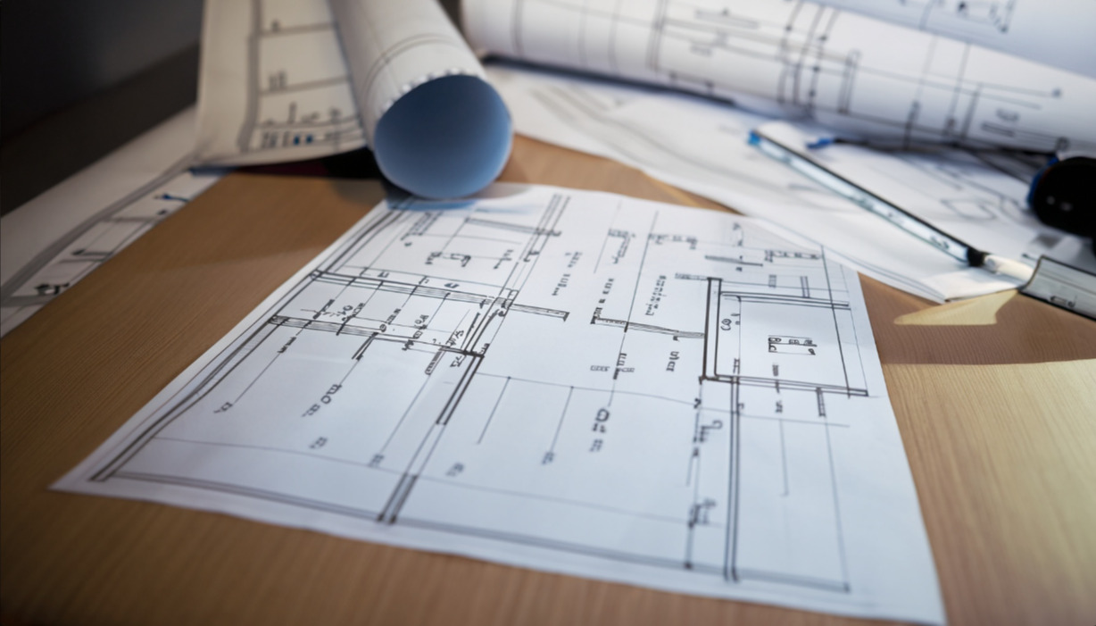 A table with architectural blueprints and rolled-up plans, a ruler, a pen, and a calculator.