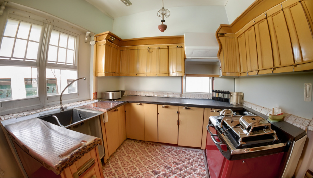 A traditional kitchen with wooden cabinets, a large sink, an oven, and a patterned red and beige floor. Natural light from windows.