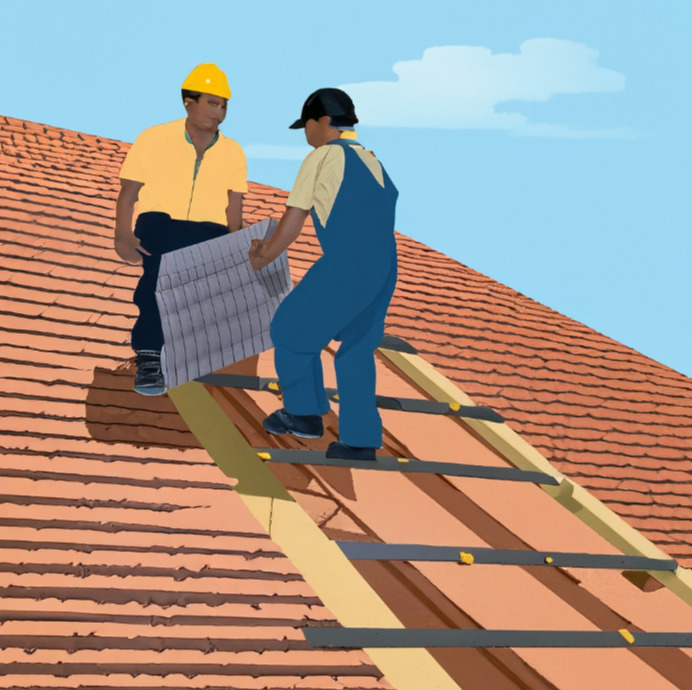 Cartoon image of contractors replacing roof shingles