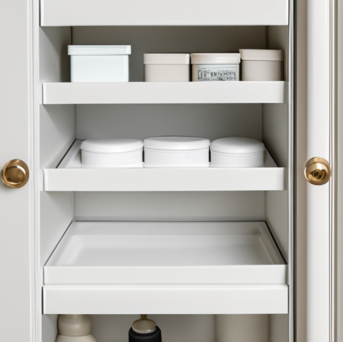 A white bathroom cabinet with three open shelves displaying organized containers and jars with metal knobs on the doors.