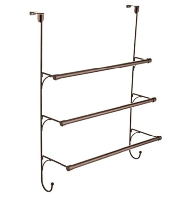 Wall-mounted bronze three-tier towel rack with hooks for hanging items.