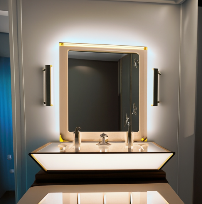 A modern bathroom sink with a lit mirror, sleek fixtures, and ambient lighting, featuring a contemporary aesthetic.