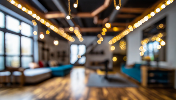 A spacious, modern, blurred living room with large windows, wooden floors, teal sofas, and string lights on the ceiling.