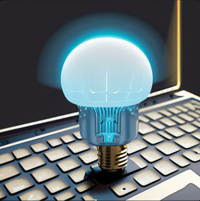 A glowing light bulb sits on a computer keyboard, symbolizing an idea or innovation related to technology.