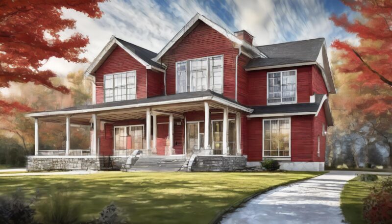 A large red house with white trim, a porch, and a stone foundation surrounded by autumn trees and a green lawn.