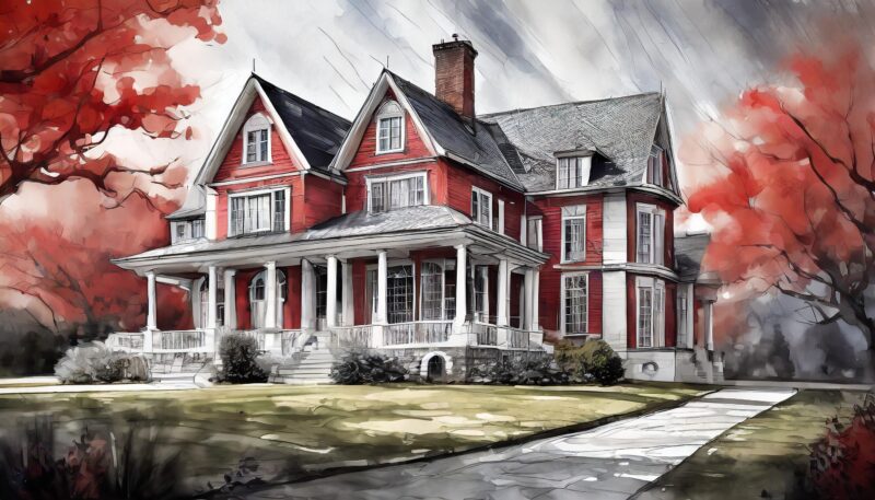 Watercolor painting depicting a red, two-story house with white trim, surrounded by vibrant red autumn trees and a well-kept lawn.