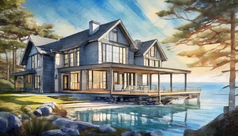 A large lakeside house with a wraparound porch, large windows, and a dock extending over the water under a clear sky.