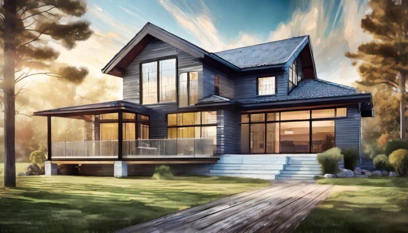 Modern two-story house with large windows, a front porch, and wooden pathway, set in a grassy yard with surrounding trees.