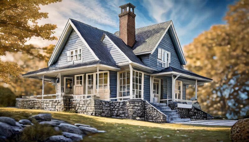 Charming gray wooden house with wraparound porch, stone foundation, and chimney amidst autumnal foliage under a blue sky.