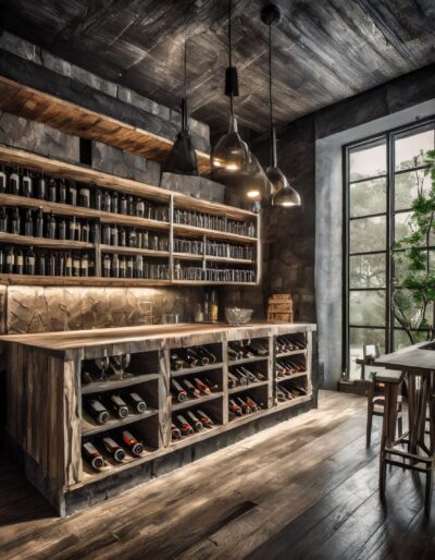 A rustic wine bar features wooden shelves filled with wine bottles and glasses, large windows, and industrial-style pendant lights.