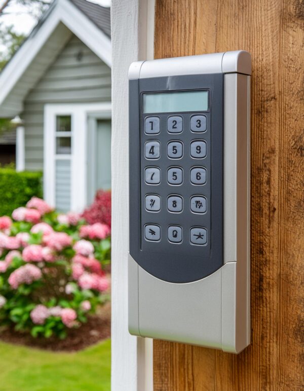 Close-up of a wall-mounted keypad with numeric buttons in an outdoor setting near a house with a garden.