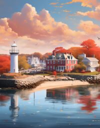 A seaside town with a lighthouse, red and white houses, and autumn trees reflected in the calm water under a partly cloudy sky.