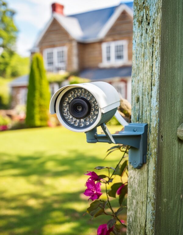 A security camera mounted on a wooden pole with a house and garden in the background.