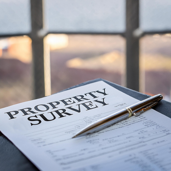 A pen rests on a property survey document, with an out-of-focus background visible through a window with bars.