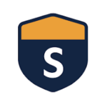 A shield icon with a dark blue lower half and an orange top, featuring a white letter "S" in the center.