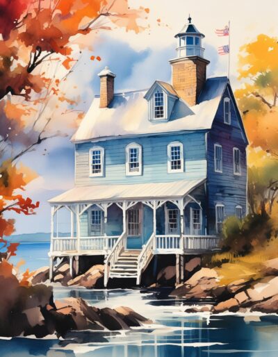 Historic Connecticut Colonial, stylized watercolor