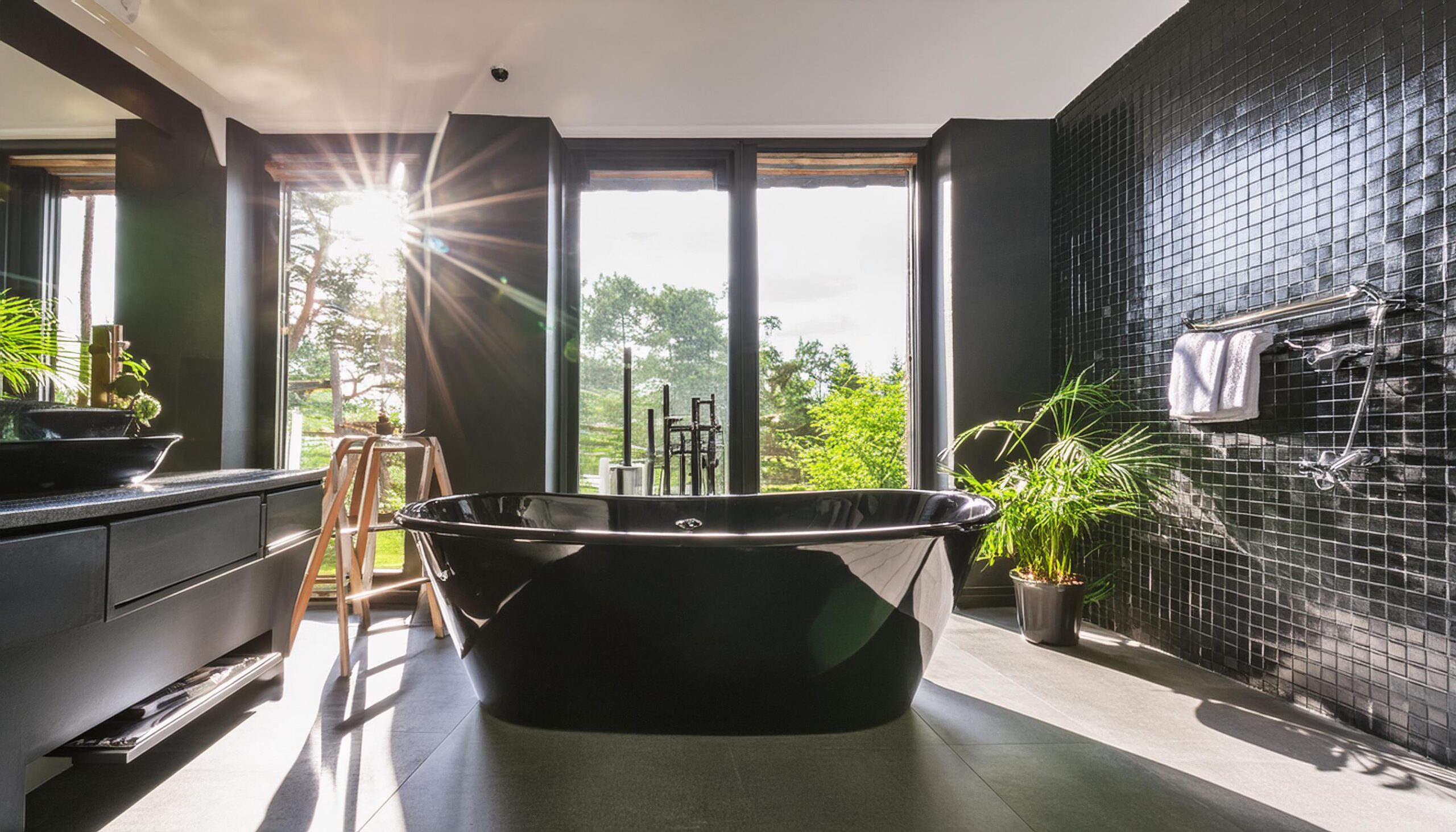 luxurious soaking tub in designer bathroom; wide angle closeup view; dramatic lighting