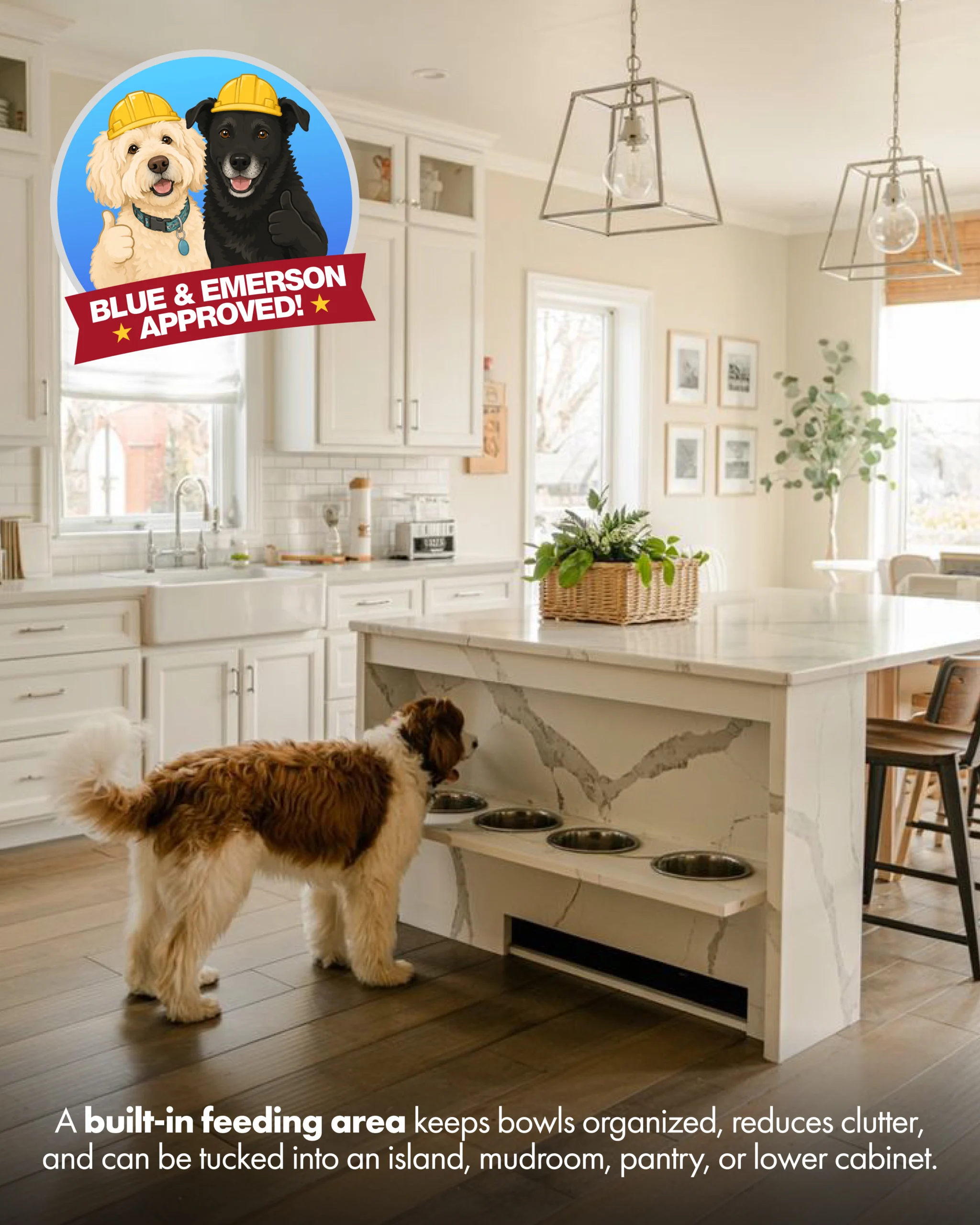 Built-in dog feeding station in a kitchen island
