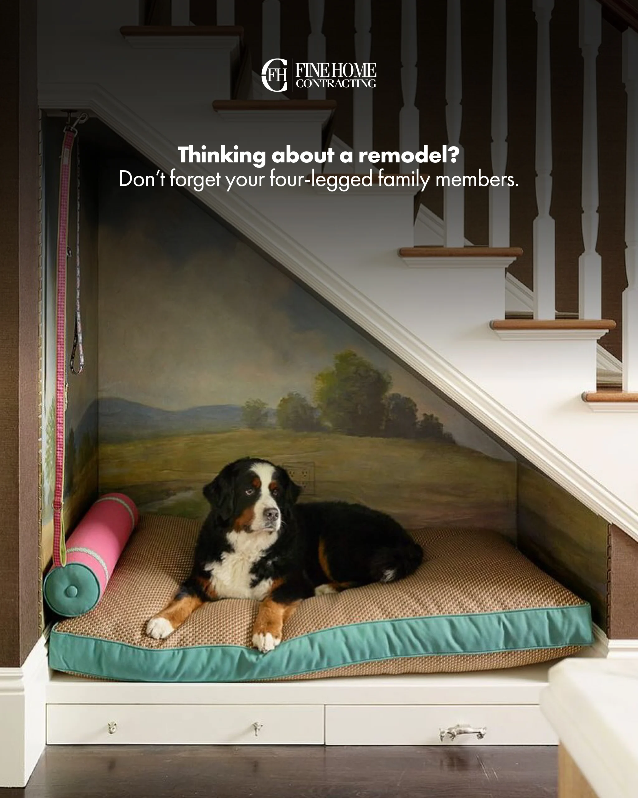 Under-stair dog bed built into a home remodel