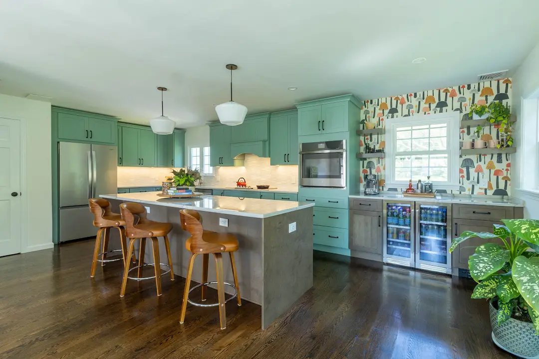 Completed Cheshire kitchen remodel with Sage cabinets, quartzite island and coffee bar