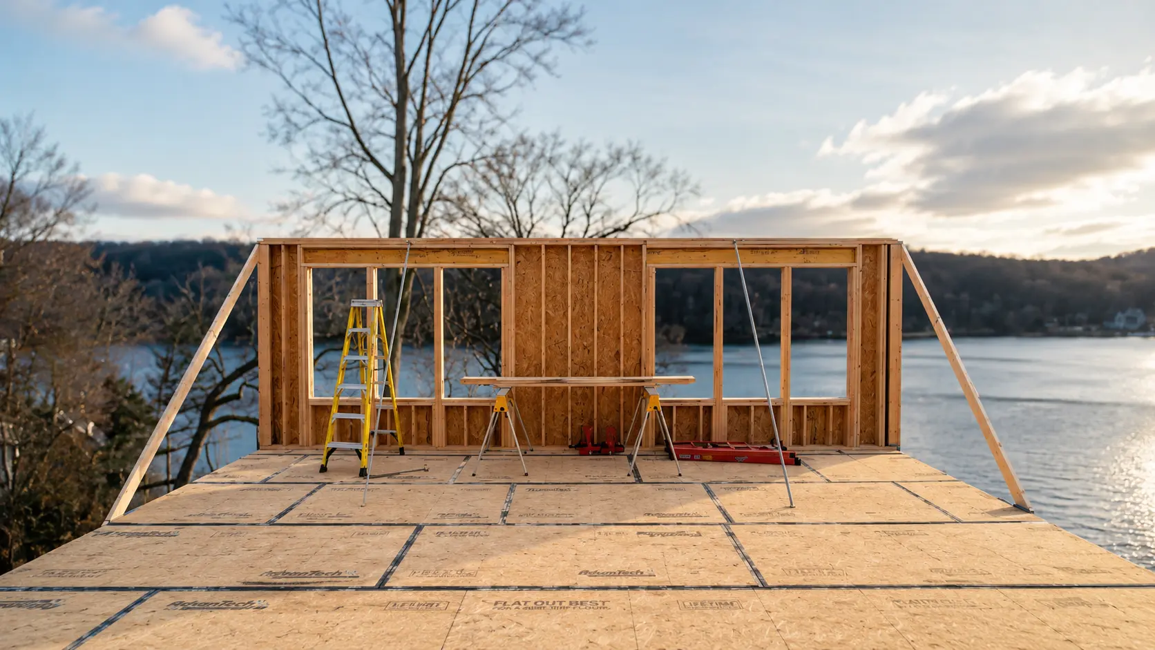 Second-story addition framing overlooking a Connecticut lake during home construction
