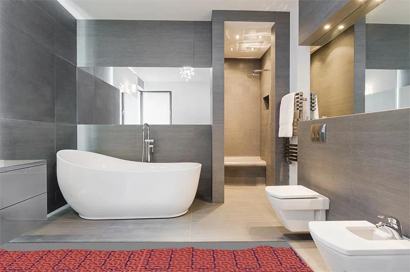 Warmup DCM-PRO electric floor heating beneath tile in a modern bathroom