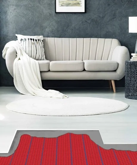 Warmup DCM-PRO electric underfloor heating shown beneath a living room floor