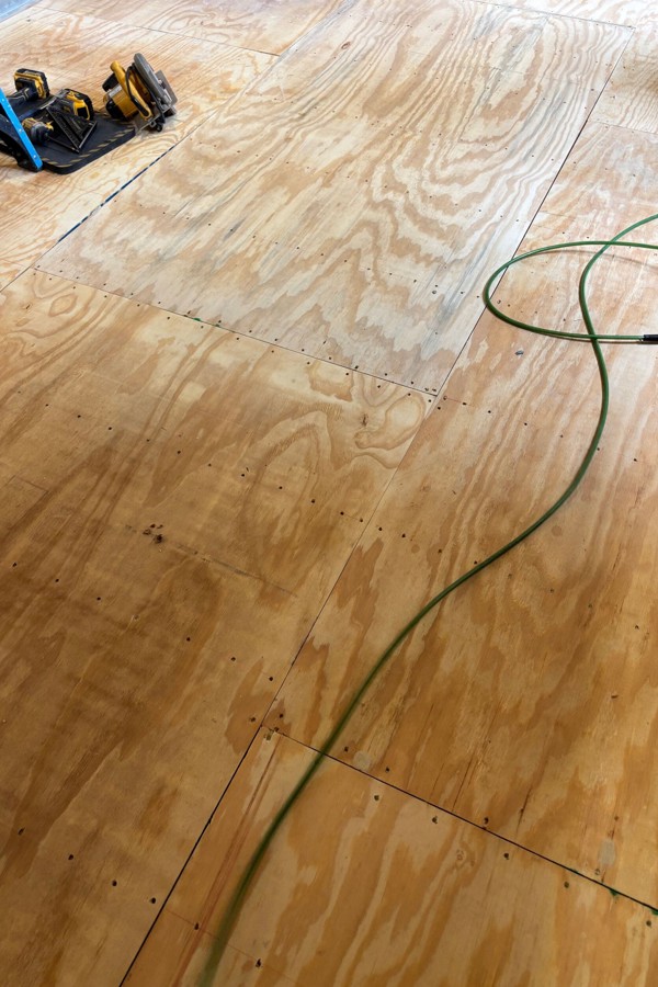 Level replacement subfloor prepared for tile in a kitchen renovation